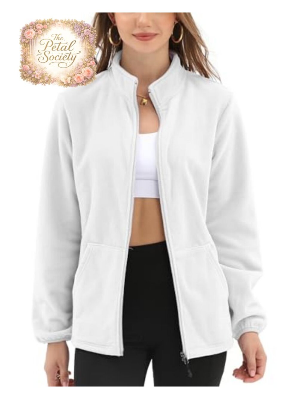 Women's Fleece Jacket 6 Pockets Full Zip Stand Collar Casual Outdoor